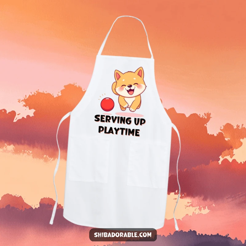Funny Kawaii Shiba Inu puppy apron, illustrated joyfully chasing a bouncing red ball with a determined, happy expression.