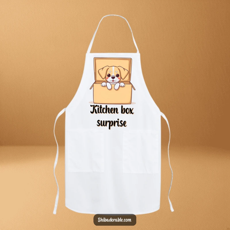 Funny dog apron featuring a dog comically spilling out of a large open box, floppy ears adding to the humor while you cook.