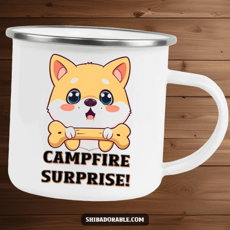 Funny surprised Shiba Inu camping mug with a wide-eyed dog looking at a floating bone, perfect for outdoor adventures.