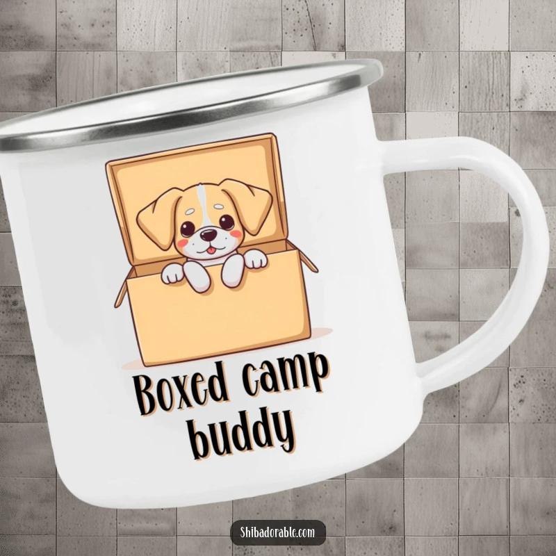 Funny dog camping mug showing a dog comically spilling out of a large open box, floppy ears adding a humorous touch.
