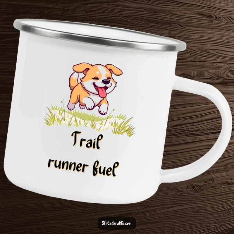 Funny dog camping mug showing a dog in full race mode, legs kicking, tongue panting, across a grassy field, for outdoor lovers.