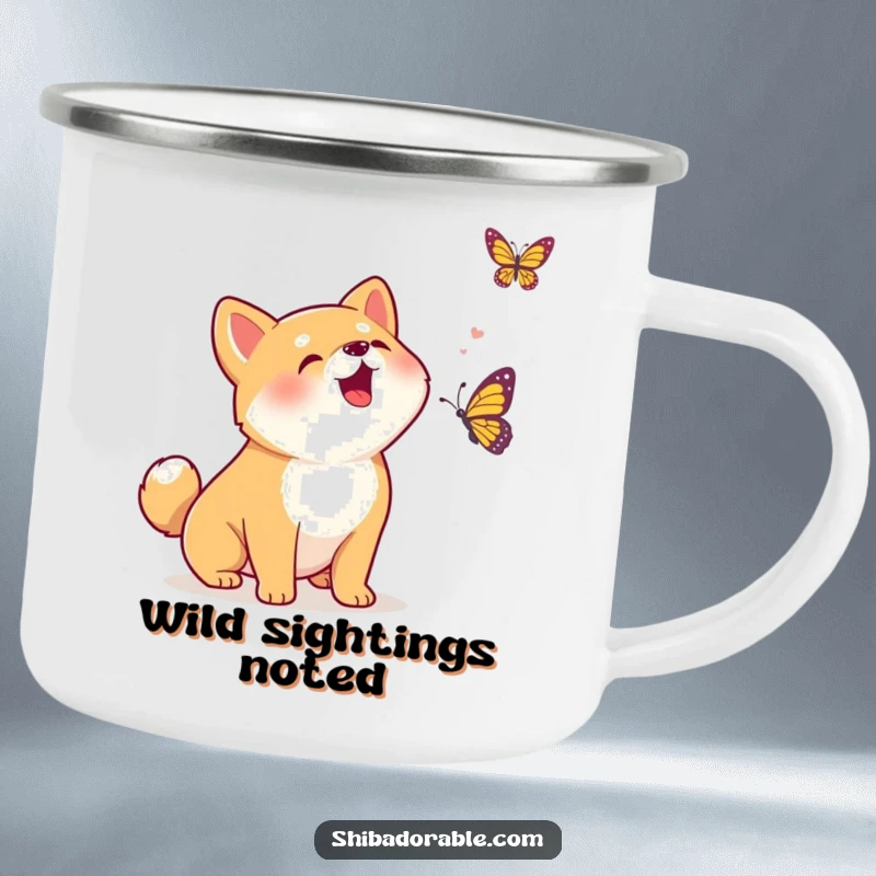 Funny Kawaii Shiba Inu puppy excitedly barking at a butterfly, a robust camping mug for enjoying beverages with a side of puppy humor.