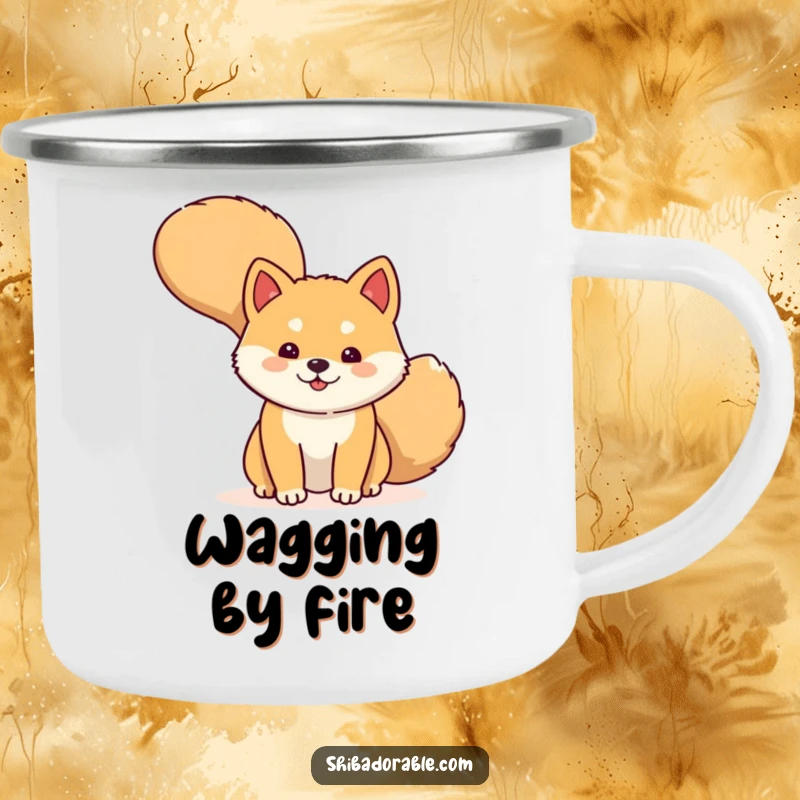 Funny Camping Mug featuring a shy Shiba Inu dog peeking from behind its large wagging tail, ideal for outdoor enthusiasts.