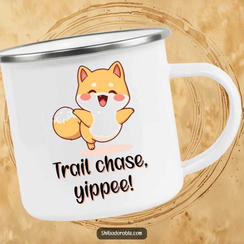 Funny happy Shiba Inu camping mug with a dog playfully chasing its tail in a circle, perfect for outdoor adventures.