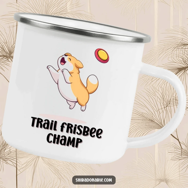 Funny dog camping mug that shows a plump dog joyfully leaping to catch a frisbee, ideal for outdoor enthusiasts.