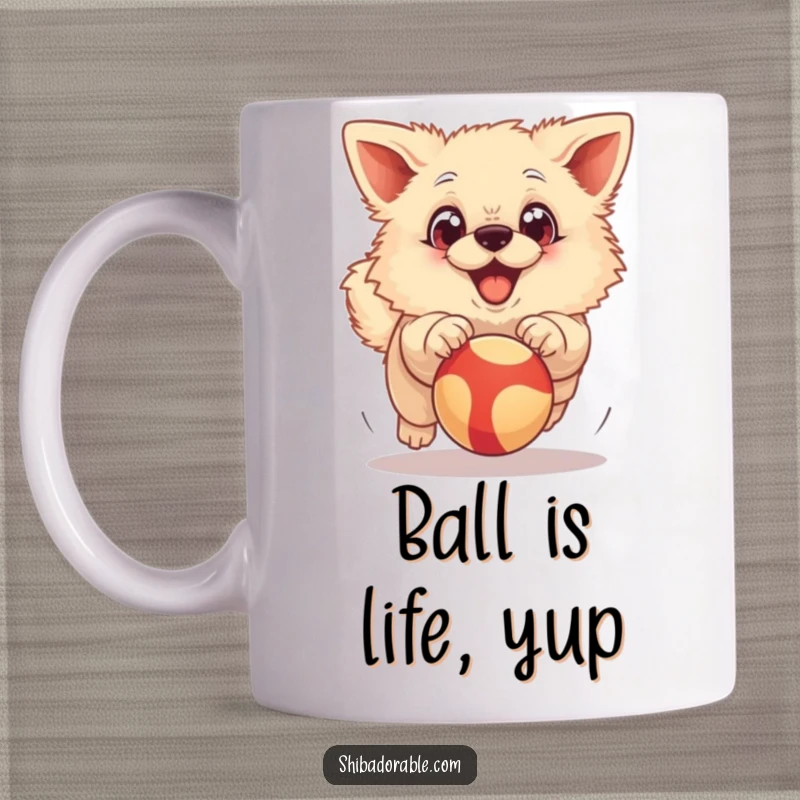 Funny Mug: A fluffy dog with exaggerated big eyes joyfully chasing a bouncing ball, radiating pure excitement and happiness.
