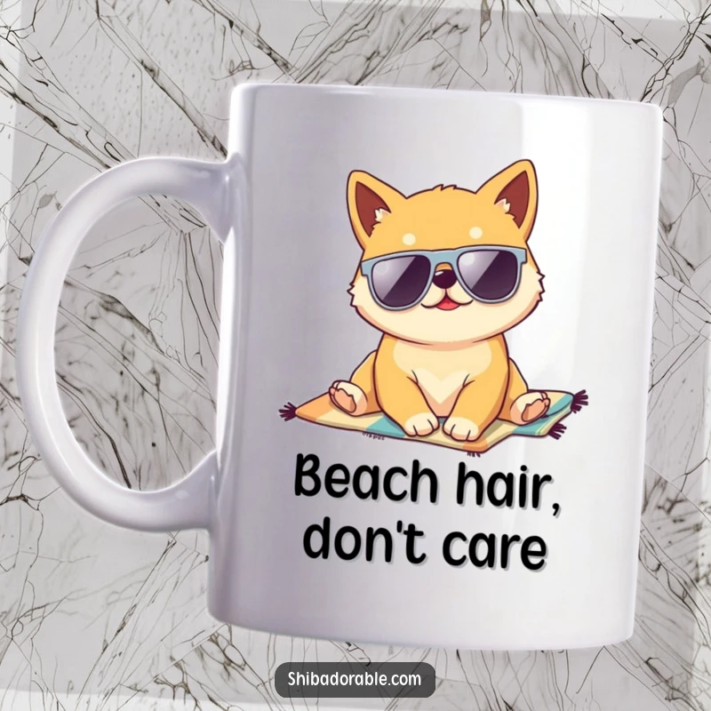Funny Kawaii Shiba Inu puppy lounging coolly on a beach towel, wearing oversized sunglasses, exuding pure relaxation and joy.