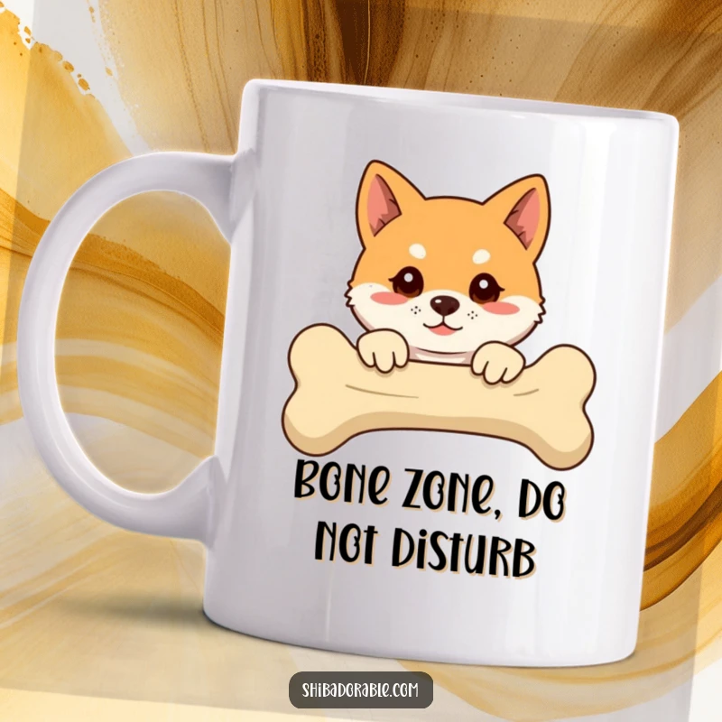 Funny Shiba Inu mug showing a cute dog with floppy ears peeking over an oversized bone, conveying playful mischief.