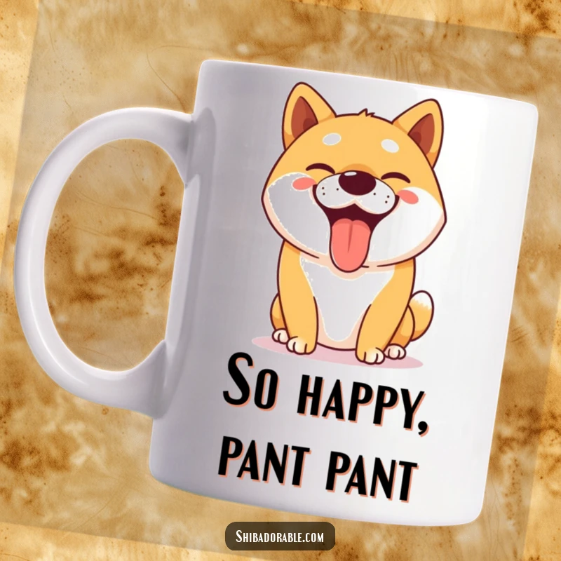 Funny Shiba Inu mug showing a happy dog panting with a huge, goofy grin, radiating pure canine joy.