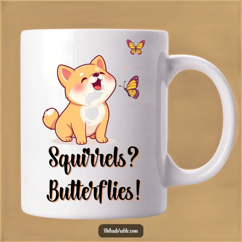 Funny Kawaii Shiba Inu Excited Bark Mug - Hilarious Puppy & Butterfly Gift for Joyful Mornings