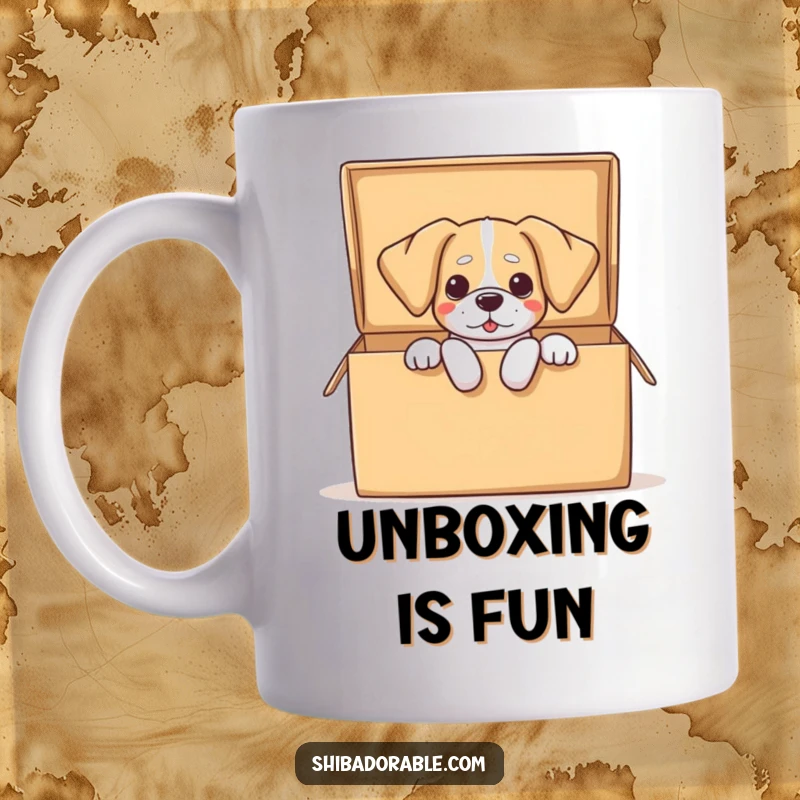 Funny dog mug showing a dog with comically flopping ears bursting enthusiastically out of a large, open cardboard box.