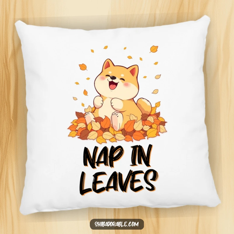 Funny Shiba Inu Pillow: A Shiba Inu joyfully rolls in autumn leaves, adding cozy, seasonal charm.