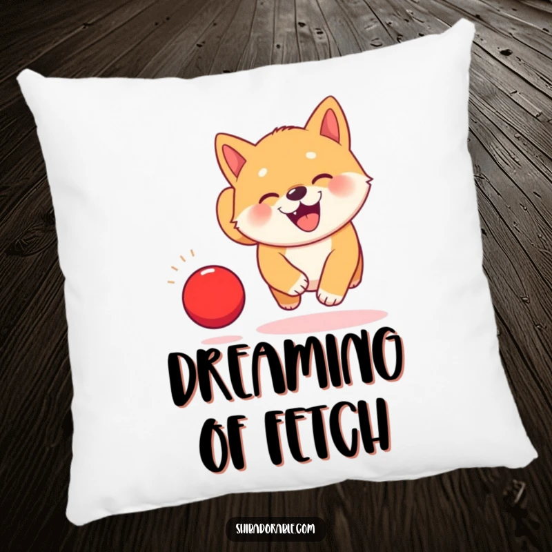 Funny Kawaii Shiba Inu puppy pillow, showing it joyfully chasing a bouncing red ball with a happy, playful demeanor.