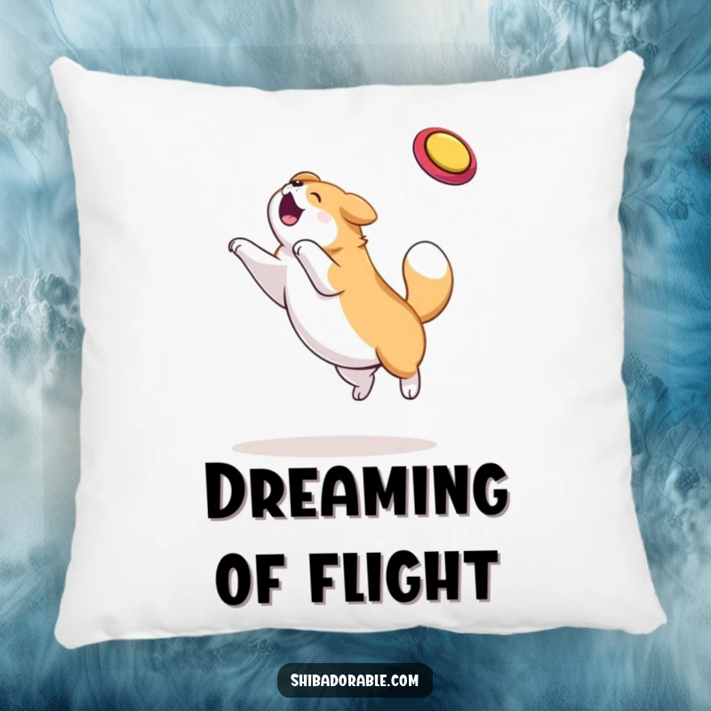 Funny dog pillow featuring a plump dog caught in the act of an amazing frisbee catch, radiating happiness and playful action.