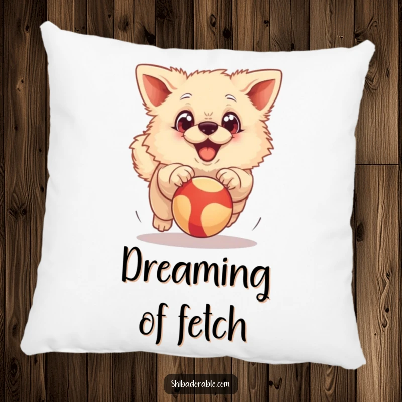 Funny Pillow: A fluffy dog with exaggerated big eyes joyfully chasing a bouncing ball, offering plush, comforting humor.