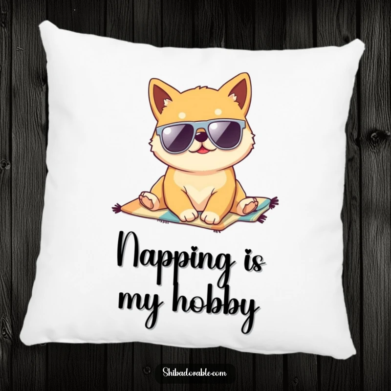 Funny Kawaii Shiba Inu puppy lounging on a beach towel, wearing sunglasses, a soft and comfortable pillow for a touch of beachy humor.