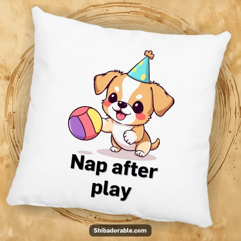 Funny dog pillow featuring a small dog in a party hat gleefully bouncing a colorful ball, a symbol of lighthearted fun.