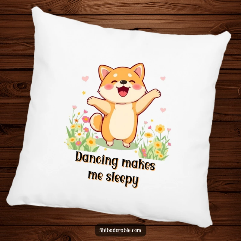 Funny Shiba Inu pillow showing a dog joyfully dancing in a flower field, offering soft comfort and pure happiness.