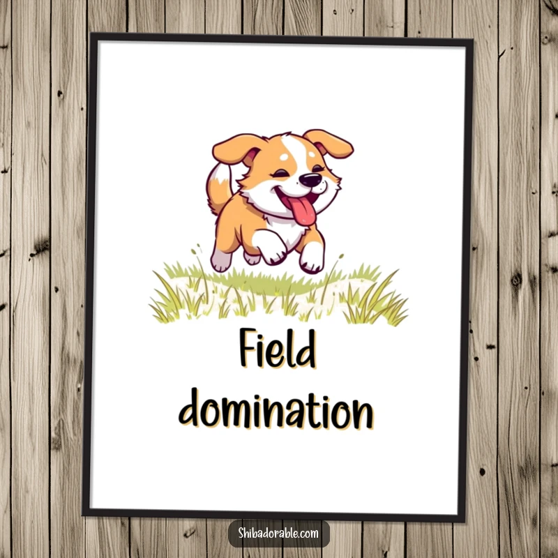 Funny dog digital art print of a dog racing across a grassy field, legs kicking, tongue panting, embodying speed and joy.