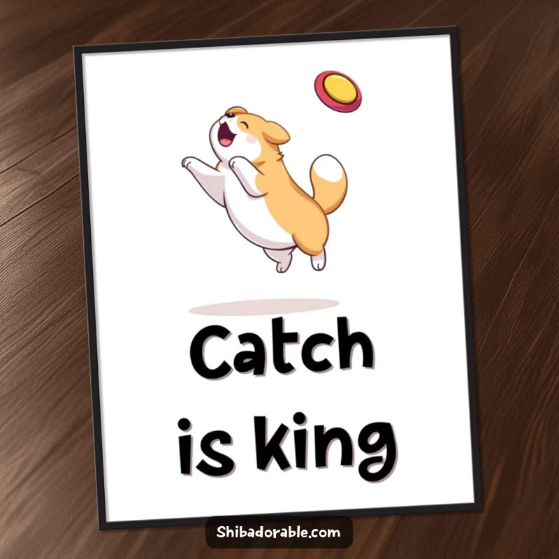 Funny dog digital art print showing a plump dog executing a gravity-defying frisbee catch, capturing peak athletic performance and joy.