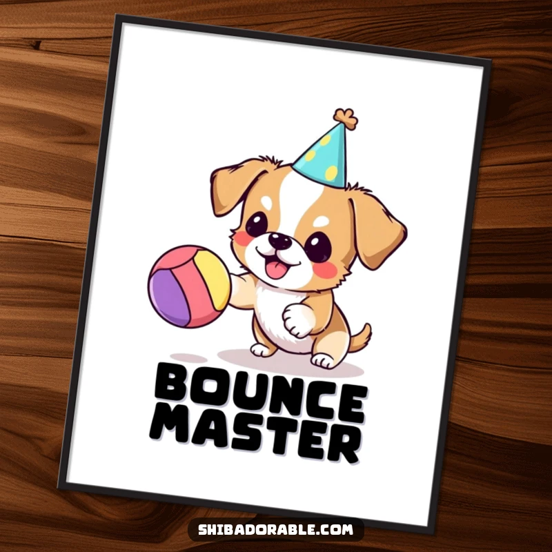 Funny dog digital art print of a small dog in a party hat joyfully bouncing a bright ball, radiating infectious happiness.
