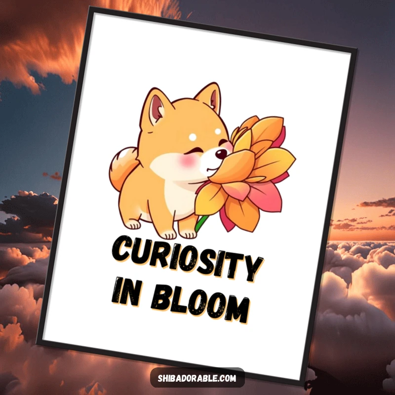Funny Shiba Inu Digital Art Print: A curious Shiba Inu sniffs a large flower, an illustration of gentle exploration.