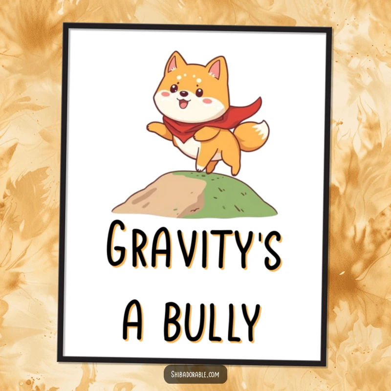 Funny Shiba Inu digital art print of a dog wearing a cape, comically attempting flight from a small hill, perfect for framing.