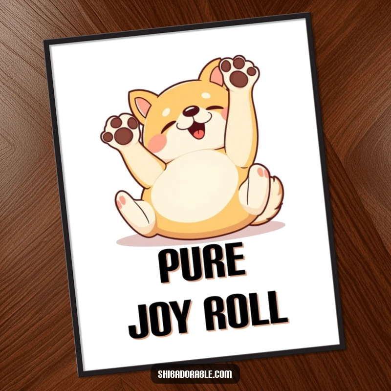 Funny Digital Art Print of a happy Shiba Inu dog rolling on its back with paws up, perfect for immediate humorous decor.