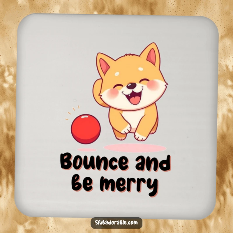 Funny Kawaii Shiba Inu puppy drink coaster, showing it joyfully chasing a bouncing red ball.