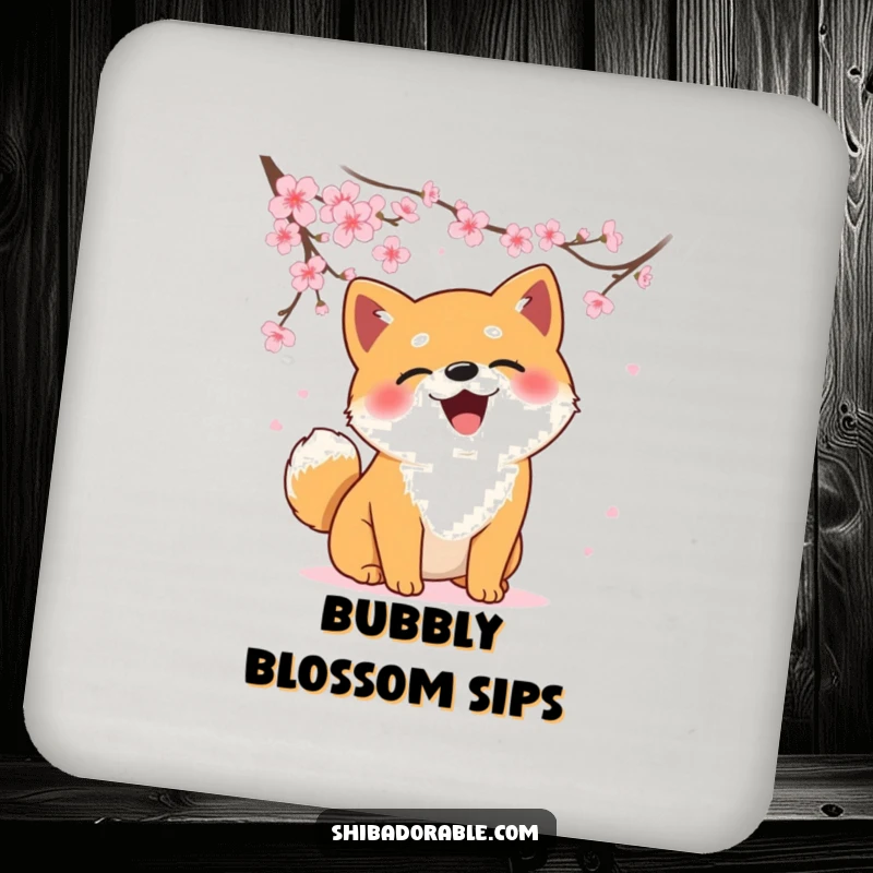 Funny Shiba Inu coasters depicting a dog comically catching falling cherry blossoms, adding playful art to surfaces.