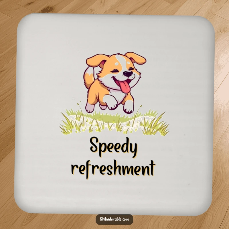 Funny dog drink coaster set with a dog racing across a grassy field, legs kicking and tongue panting, adding humor.