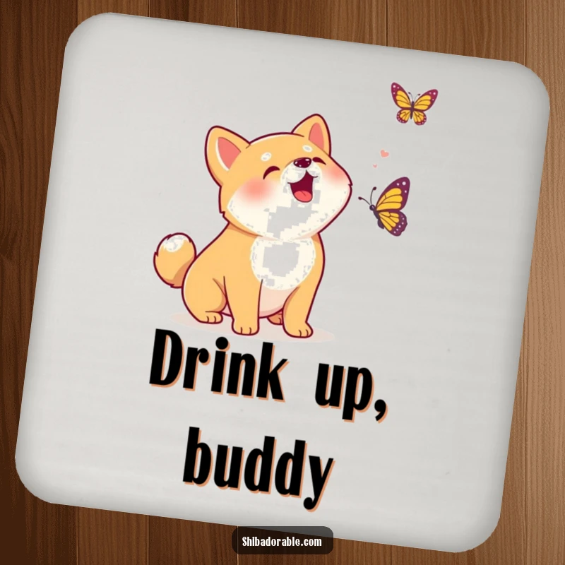 Funny Kawaii Shiba Inu puppy excitedly barking at a butterfly, a set of coasters offering humorous protection for drink surfaces.