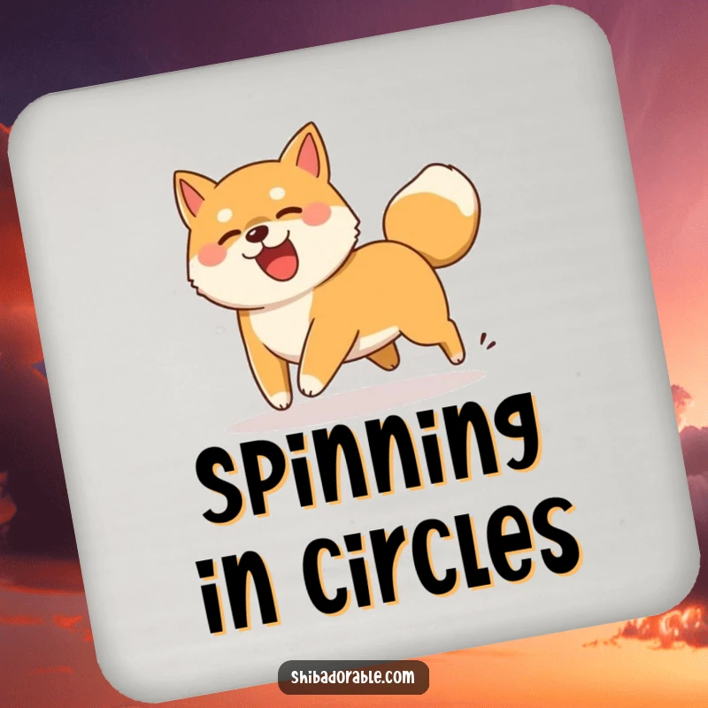 Funny Shiba Inu dog comically chasing its wagging tail, a protective and amusing drink coaster.