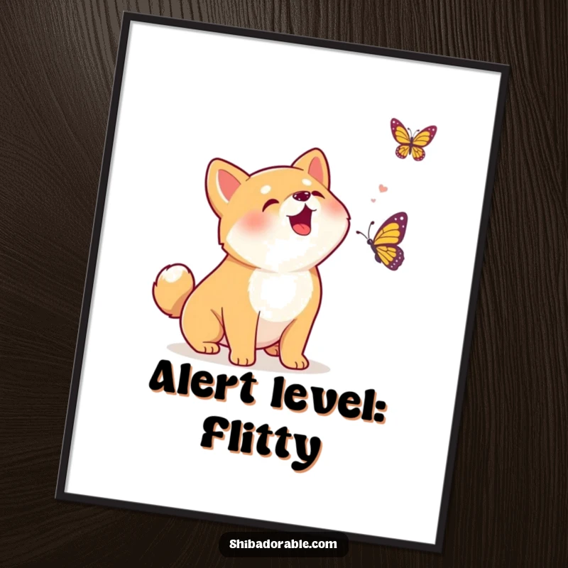 Funny Kawaii Shiba Inu puppy joyfully barking at a fluttering butterfly, a vibrant poster celebrating pure puppy excitement and curiosity.