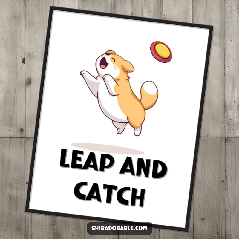 Funny dog poster illustrating a plump dog with intense focus, leaping to snag a frisbee mid-air, a peak moment of athletic play.