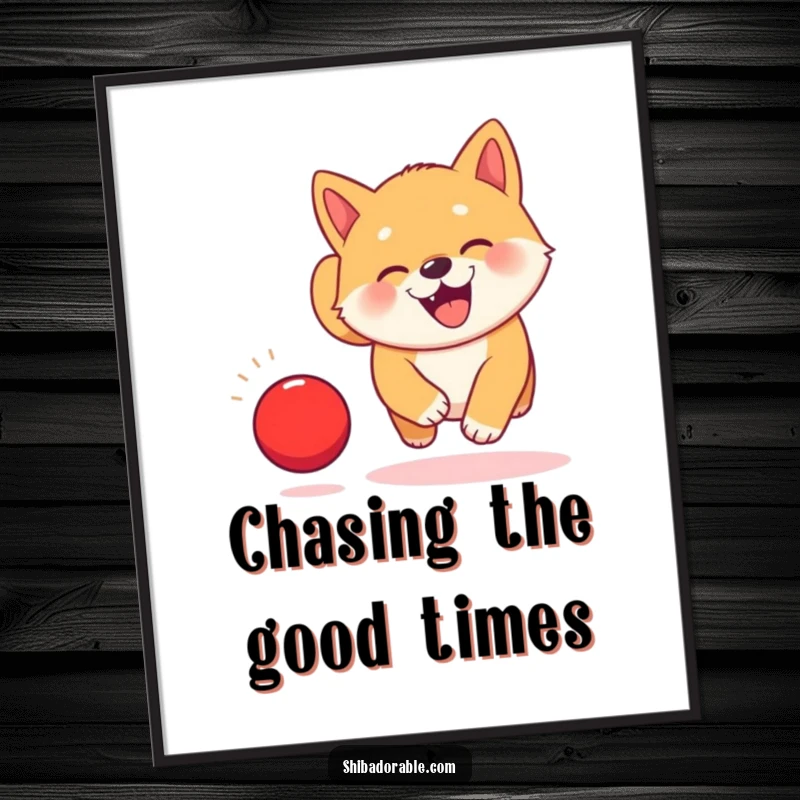Funny Kawaii Shiba Inu puppy poster, joyfully chasing a bouncing red ball with endearing, exaggerated cute features.