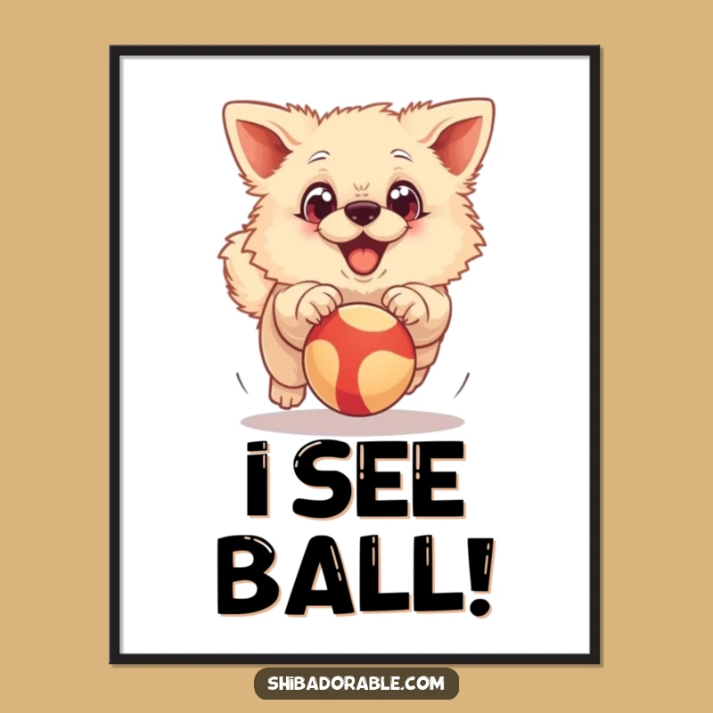 Funny Excited Dog Poster: Big Eyed Dog Chasing Ball, Joyful Funny Art
