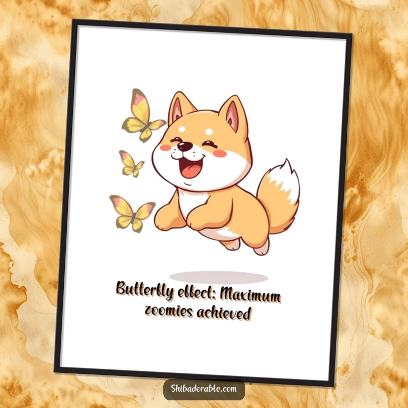 Funny Free Printable Wall Art: A Shiba Inu mid-air, leaping enthusiastically to catch a shimmering butterfly, downloadable art.