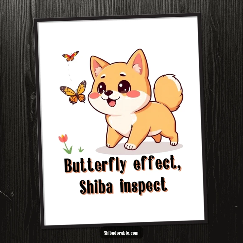 Funny Free Printable Wall Art: A Shiba Inu with wide, curious eyes joyfully chases a butterfly through a meadow.