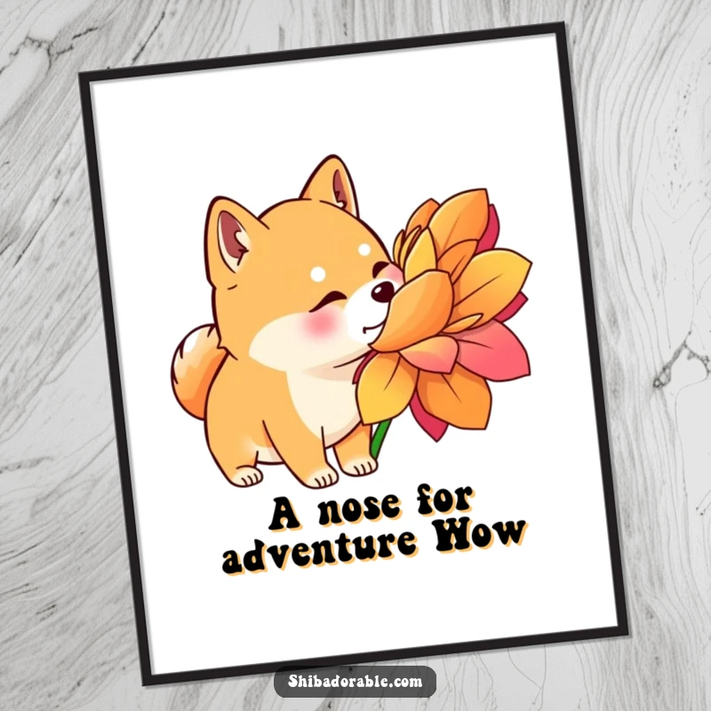 Funny Free Printable Wall Art: Shiba Inu with alert ears curiously sniffing a large, colorful flower, exploring nature.