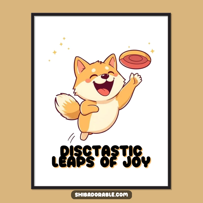 Funny Free Printable Wall Art: Grinning Shiba Inu Leaping for Disc - Dog Decor