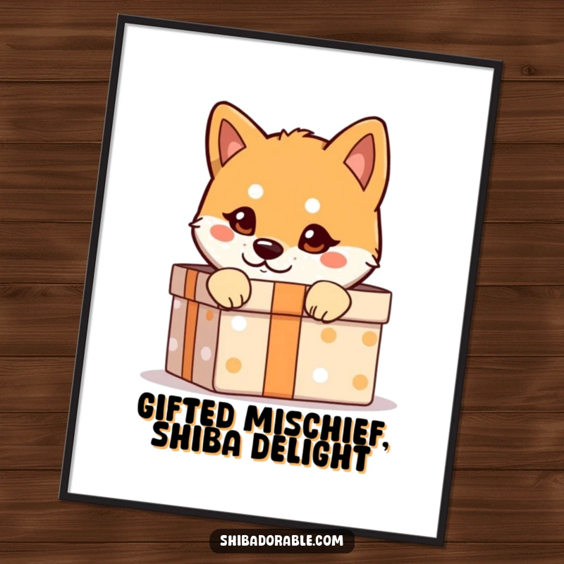 Funny Free Printable Wall Art: A Shiba Inu with a mischievous glint peeks from inside a decorated gift box.