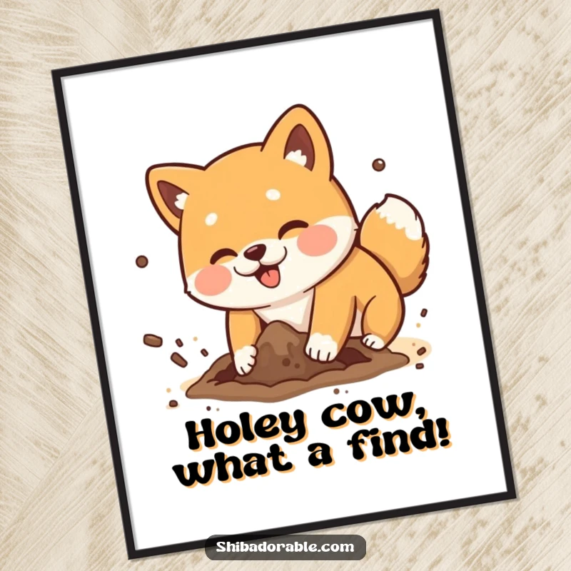 Funny Free Printable Wall Art depicting a Shiba Inu dog playfully digging a deep hole with dirt flying comically.