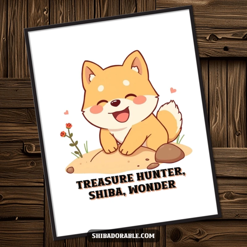 Funny Free Printable Wall Art: A Shiba Inu joyfully digs in the ground, on a comical quest for imaginary treasure.
