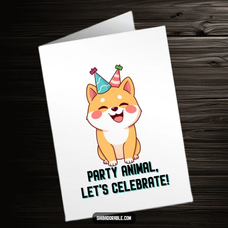 Funny Free Printable Birthday Card: Joyful Shiba Inu in party hat wagging tail, ready for celebration.