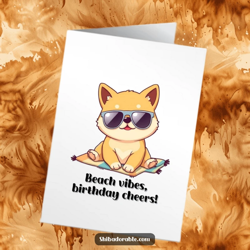 Funny Free Printable Birthday Card: Kawaii Shiba Inu puppy in sunglasses relaxing on a beach towel.