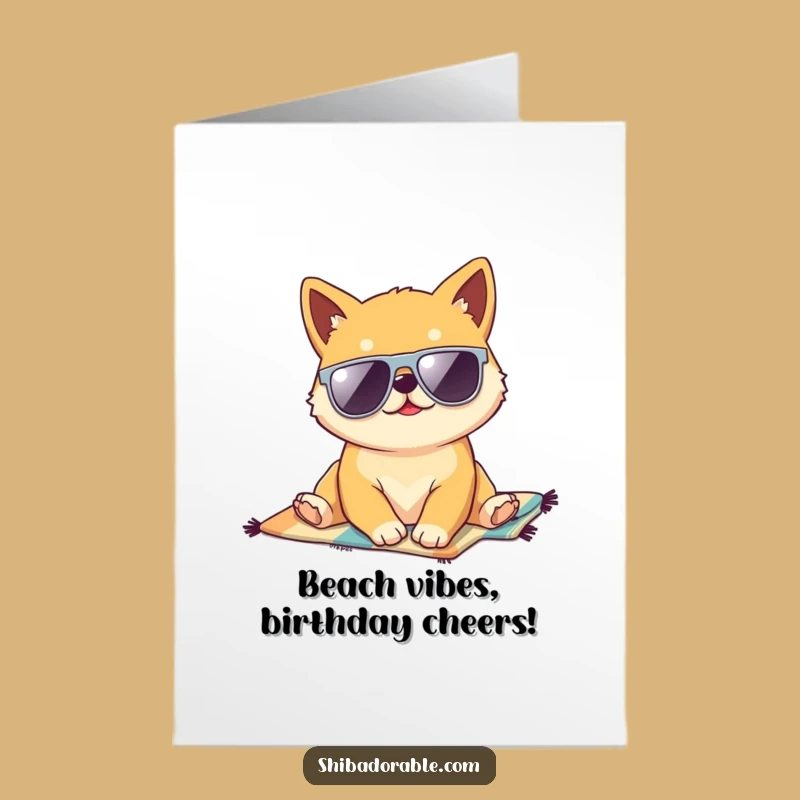 Free Printable Birthday Card: Kawaii Shiba Inu Beach Vibes, Funny Downloadable Gift