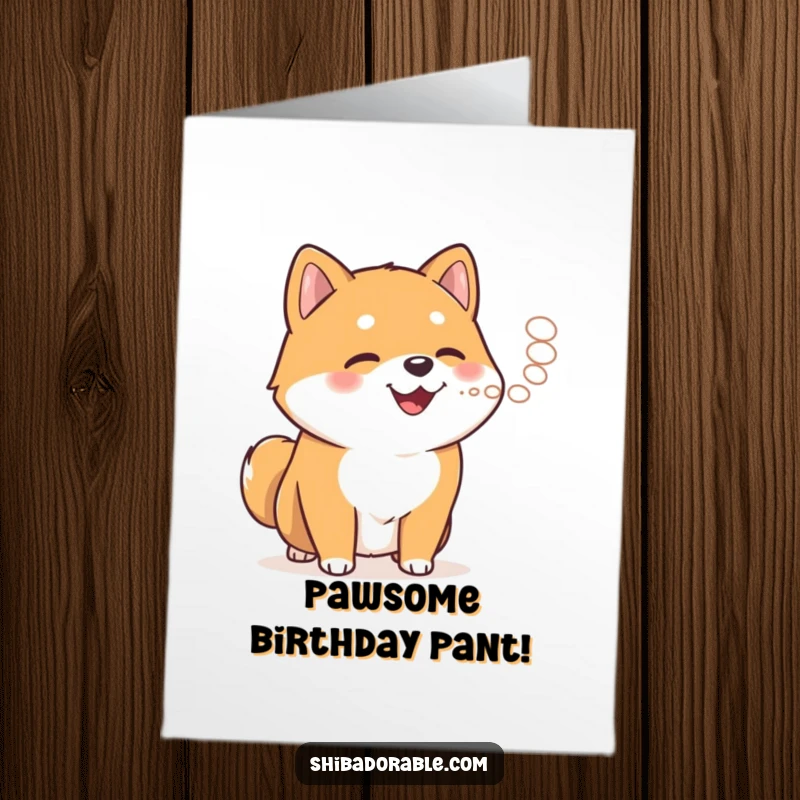 Funny Free Printable Birthday Card: Happy Shiba Inu pants, exhaling a cute puff of steam, wishing you a joyous birthday.