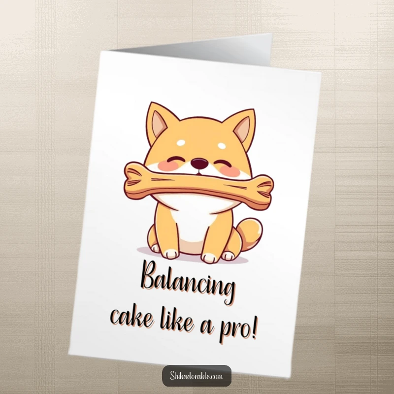 Funny Free Printable Birthday Card: A Shiba Inu dog expertly balancing a bone on its nose, ready to party.