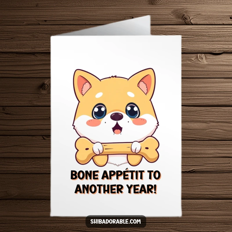 Funny Free Printable Birthday Card: Surprised Shiba Inu dog with wide eyes stares at a floating dog bone.